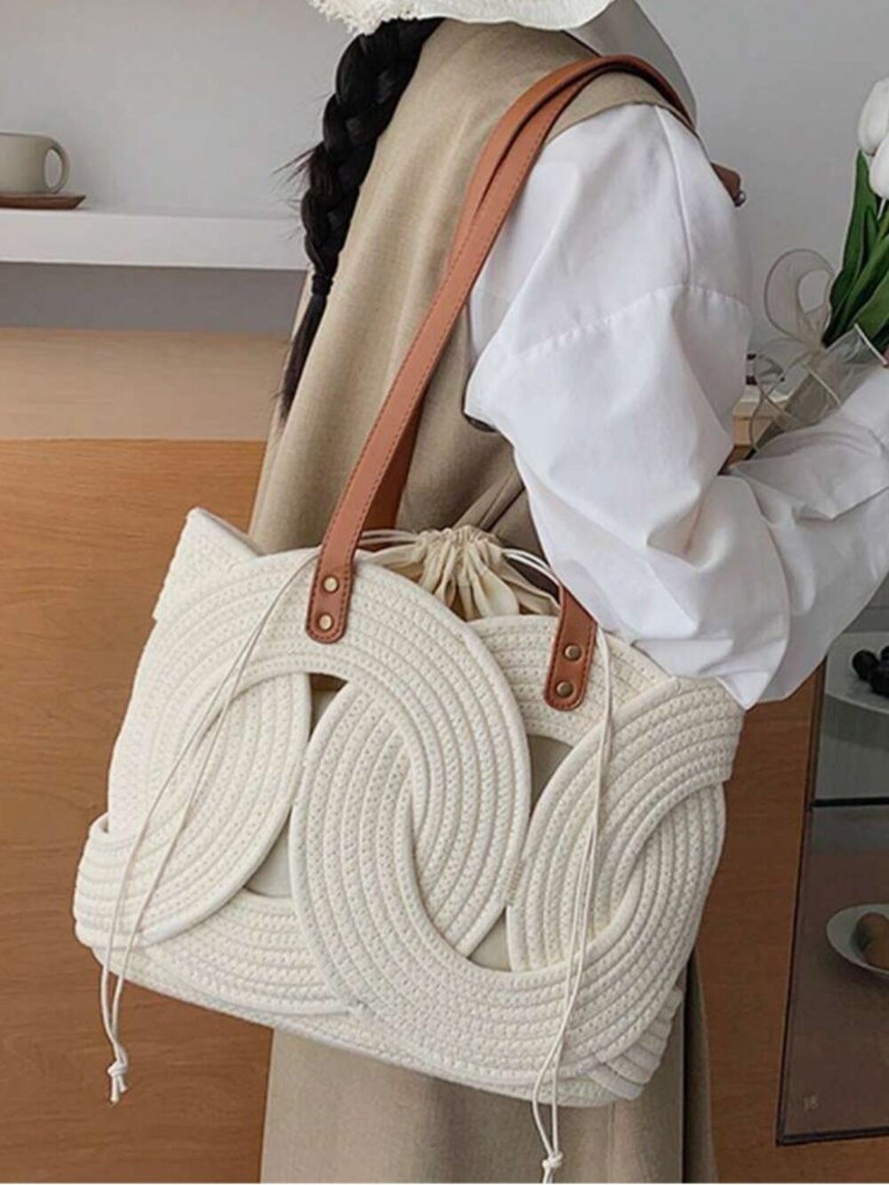 Woven, Geometric Shoulder Bag, Woven Beach Handbag, Drawstring Inner Bag, NWOT